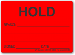 HOLD adhesive label, red